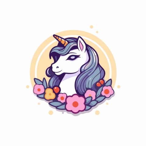 Unicorn head with flowers. Vector illustration in cartoon style.