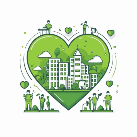 Vector illustration of green city in heart shape with people and