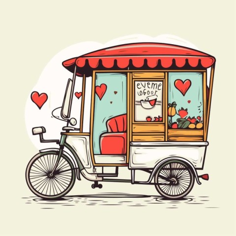 Vector illustration of a vintage tuk tuk cart with red hearts on