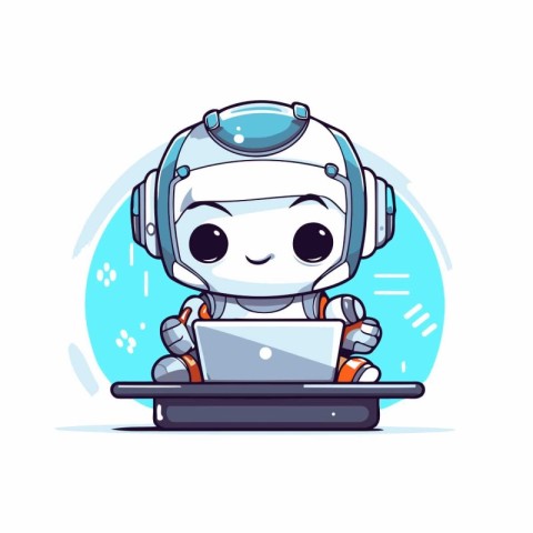 Cute cartoon robot working on laptop. Vector illustration. Techn