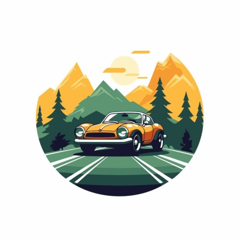 Retro car on the road in the mountains. Vector illustration.