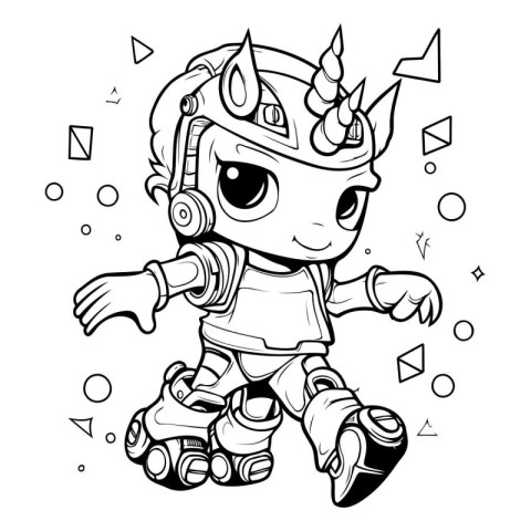 Black and White Cartoon Illustration of Cute Robot Fantasy Chara