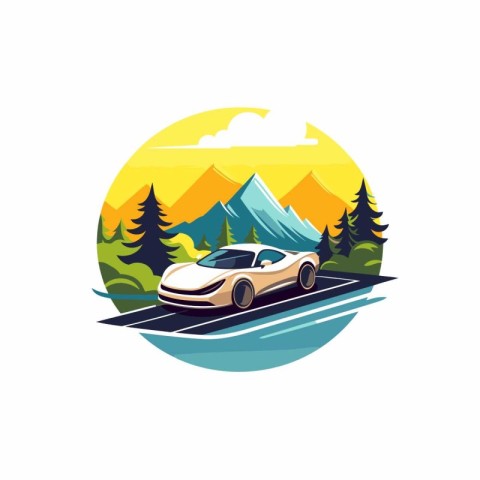 Car on the road in the mountains. Vector illustration in flat st