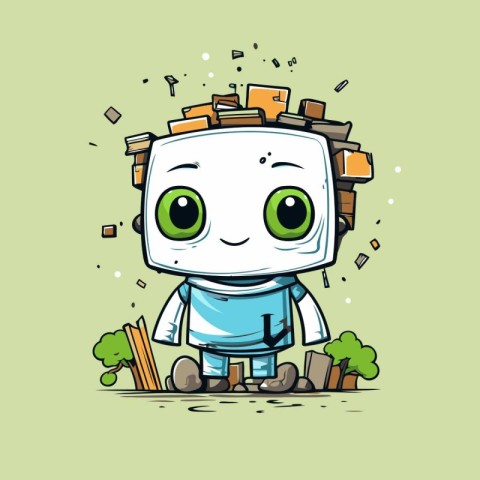 Vector illustration of cute cartoon robot with wooden boxes on t