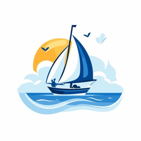 Sailing yacht in the sea. Vector illustration on white backgroun