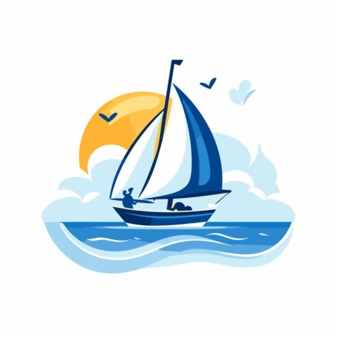 Sailing yacht in the sea. Vector illustration on white backgroun