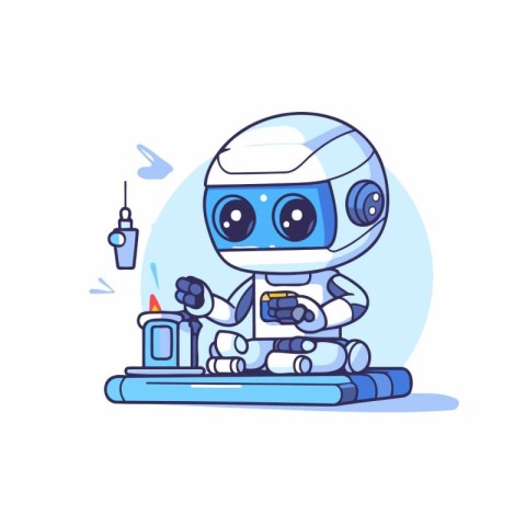 Cute robot sitting on the floor and holding a camera. Vector ill