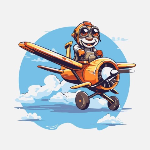 Cartoon pilot with airplane on the sky background. Vector illust