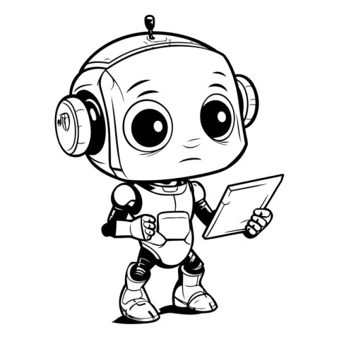 Cute little robot holding a tablet computer. Vector cartoon illu