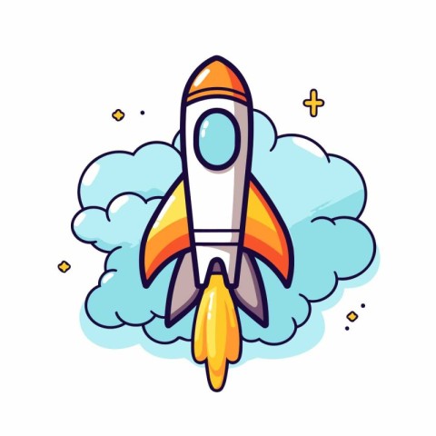 Rocket icon in flat line style. Spaceship launch vector illustra