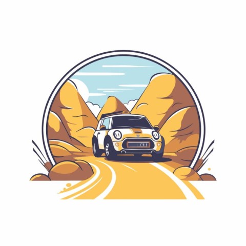 Racing car on the road in the mountains. Vector illustration.