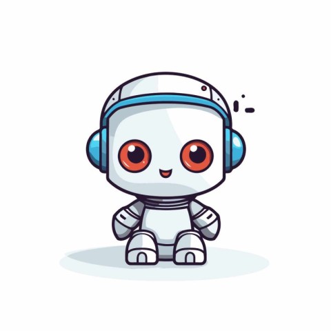 Cute little robot with headphones. Cute cartoon vector illustrat