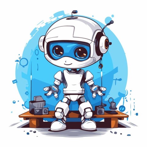 Cute little robot with headphones. Vector illustration in cartoo