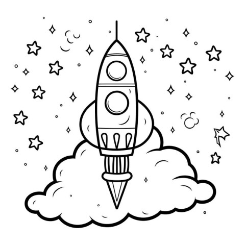 rocket flying in the night sky with stars and clouds vector illu