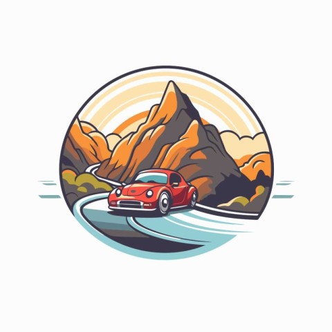 Retro car in the mountains. Vector illustration for your design.