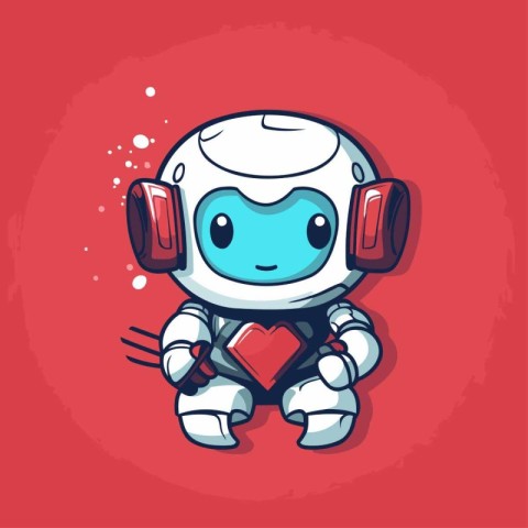 Cute robot with headphones and heart on red background. Vector i