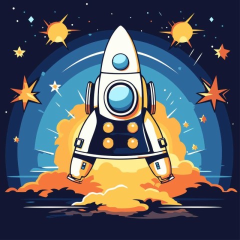 Space rocket in the sky. Vector illustration. Flat design style.