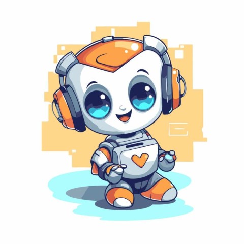 Cute cartoon robot with headphones. Vector illustration on white