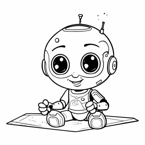 Vector illustration of Cute little baby robot playing video game