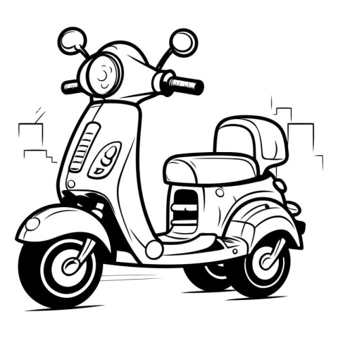 Vintage scooter on the street. Hand drawn vector illustration.