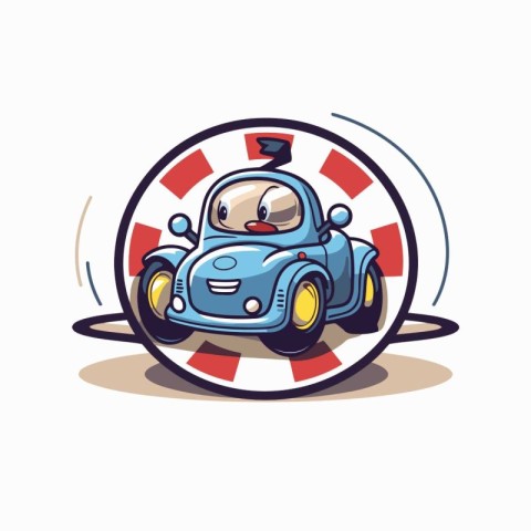 Illustration of a cartoon retro car in a circle. Vector illustra