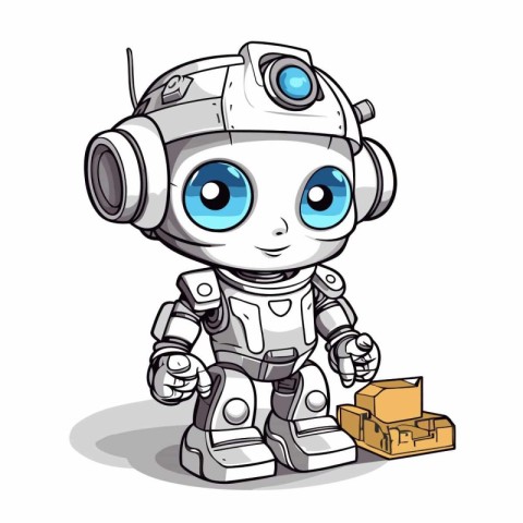 Cute robot with a box on a white background. Vector illustration