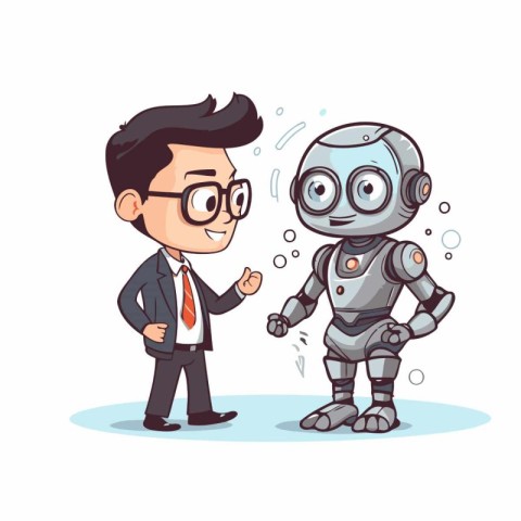 Businessman and robot shaking hands. Vector illustration in cart