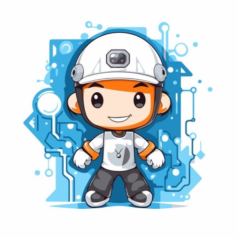 Cute astronaut boy with circuit board on white background. Vecto