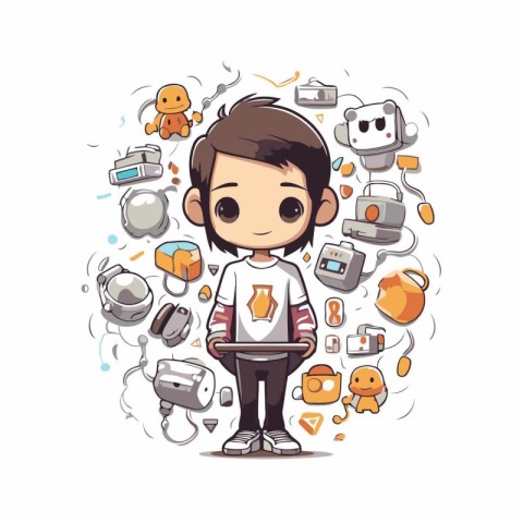 Cute boy cartoon character with social media icons. Vector illus