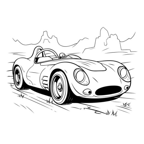 Vintage sports car on the road. Hand drawn vector illustration.