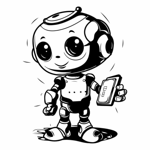 Vector illustration of Cute robot with smart phone. Black and wh