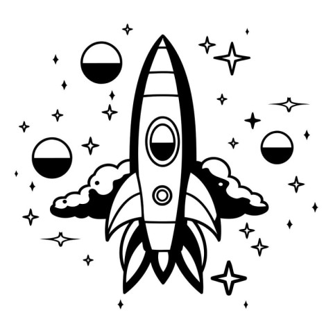 Rocket and stars. Black and white vector illustration for colori