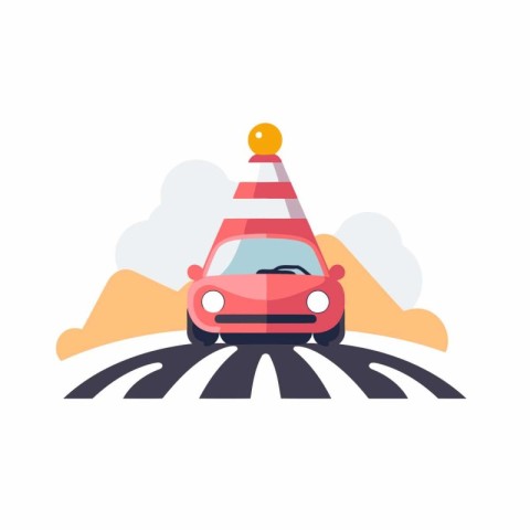 Car on road with traffic cone icon in flat color style. Road tri