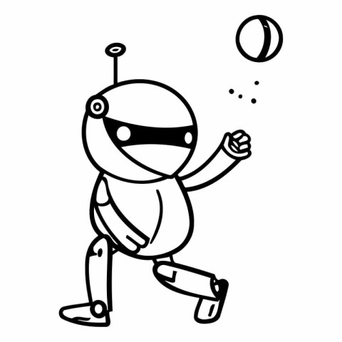 Hand drawn cartoon robot playing volleyball. Vector illustration