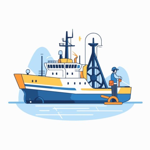 Cargo ship. tugboat and anchor. Vector illustration in flat styl