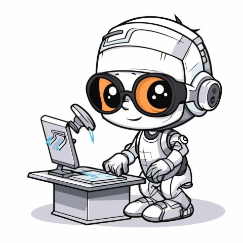 Cute Robot Working on Laptop Computer Cartoon Mascot Character