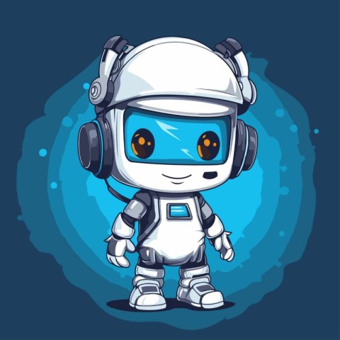 Cute cartoon robot with headphones on blue background. Vector il