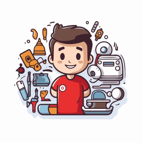 Cute little boy in red t-shirt. Vector illustration.