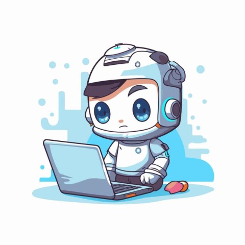 Cute little robot working with laptop. Vector cartoon character