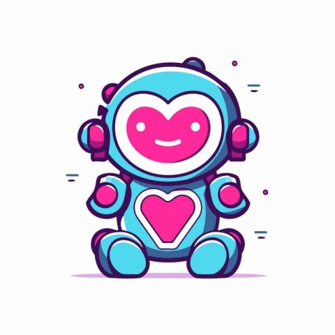 Cute little robot with heart icon. Vector flat line illustration