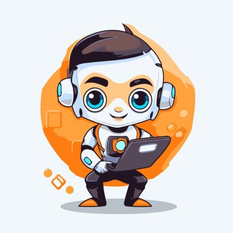 Robot with laptop. Cute cartoon character. Vector illustration.