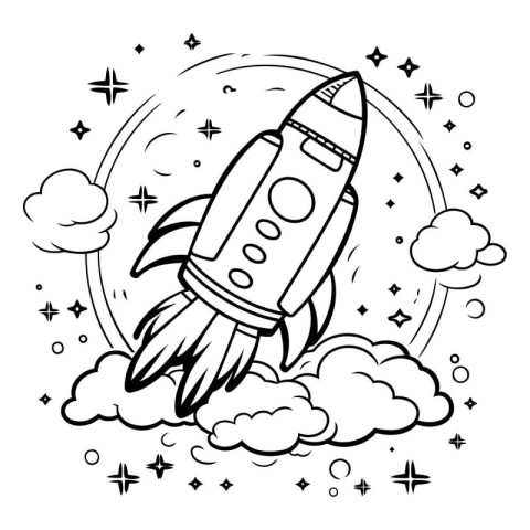 Coloring book for children: rocket in the clouds. Vector illustr