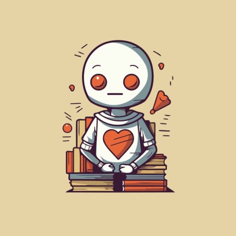 Cute robot with book and heart. Vector illustration in cartoon s