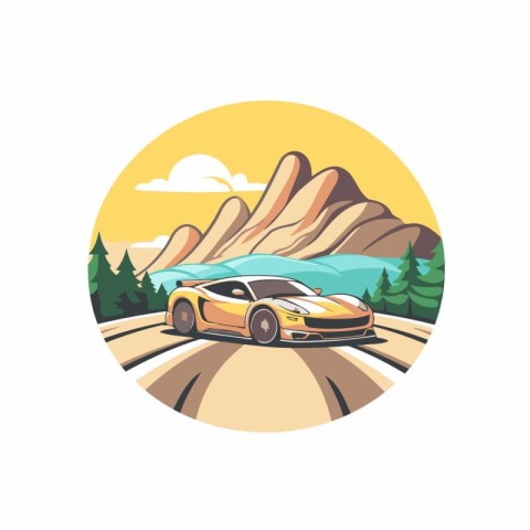 Sport car on the road in the mountains. Vector illustration in r