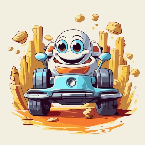 Cute cartoon robot driving a car on the road. Vector illustratio