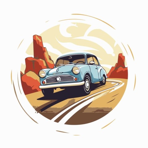 Vintage car on the road in the desert. Vector illustration.