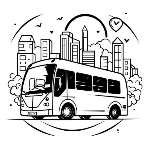 Bus on city background. Black and white vector illustration for