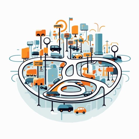 Vector illustration of a city with cars on the road. City transp