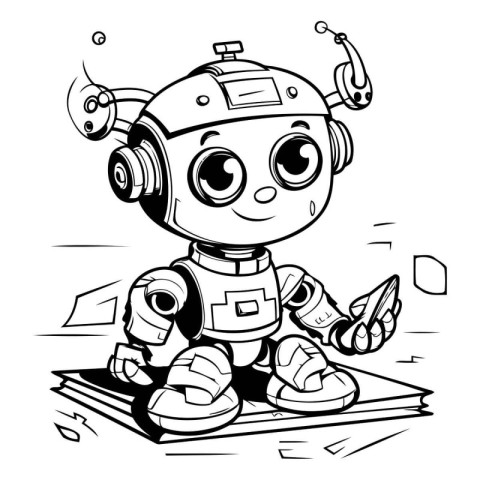 Black and White Cartoon Illustration of Cute Robot Fantasy Chara