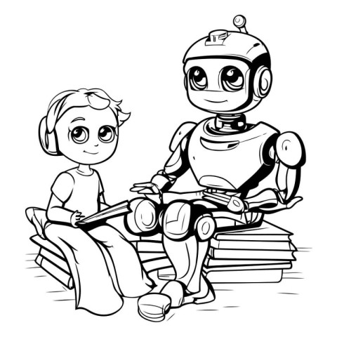 Black and White Cartoon Illustration of Cute Little Boy and Robo